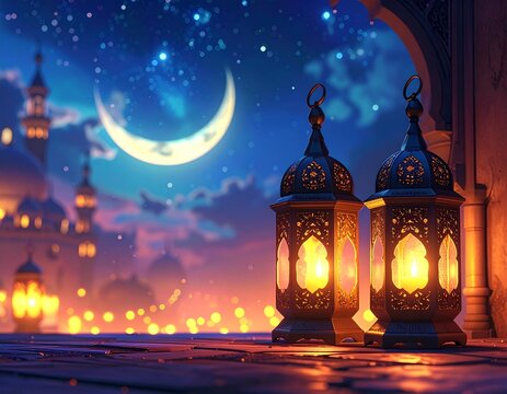 Ramadan Kareem Eid Mubarak celebration Islamic lanterns night sky crescent moon mosque - Powered by Adobe
