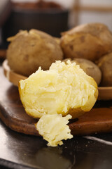 Gansu Yellow Hearted Potatoes with White Bloom on Wooden Plate