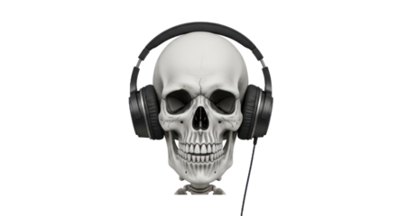 A human skull with headphones on, set against a white background.
