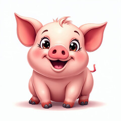Naklejka premium Cute cartoon piglet with pink skin and big eyes sits smiling. Happy baby farm animal illustration, isolated on white background. Funny character for kids.