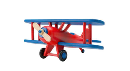 A red and blue wooden toy airplane on a white background.