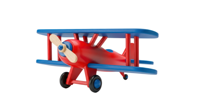 A red and blue wooden toy airplane on a white background.