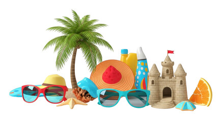 Beach vacation essentials collection isolated on transparent background