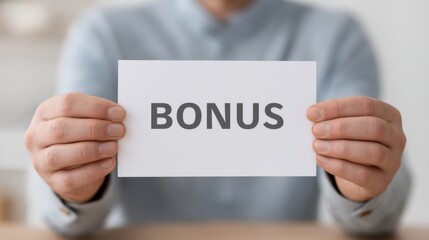 Hands Holding a Card with the Word Bonus, Signifying Reward, Incentive, Motivation, Promotion, Business Recognition, Celebration, Achievement, and Appreciation