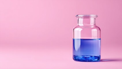 Obraz premium Clear glass vial, half-filled with vibrant blue liquid, stands against a soft pink backdrop