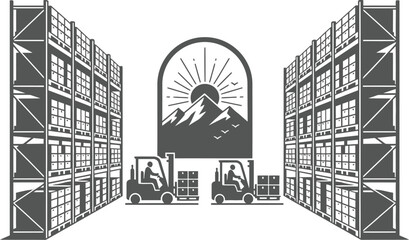 Fototapeta premium Warehouse Interior with Shelves and Forklifts Silhouette