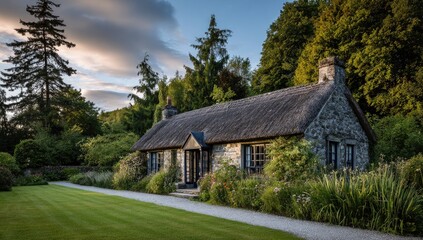 Charming stone cottage with thatched roof and lush garden, nestled near tall trees