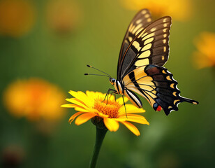 Fototapeta premium Swallowtail butterfly rests on vivid yellow flower. Detailed photo insect feeding on nectar in close-up. Macro shot exhibits natural beauty, flora, fauna. Butterfly enjoys sunlight in garden on