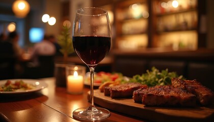 Fototapeta premium Glass of red wine sits near grilled meat dish on wooden table. Candle glows, creating warm ambience at restaurant. People dine in background, enjoying a meal.