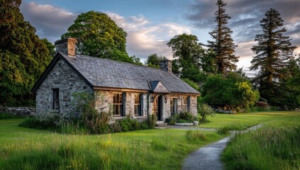 Obraz premium Quaint stone cottage nestles amidst lush greenery and a pathway under a warm sunset sky