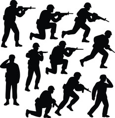 soldier, military, army, silhouette, action, pose, standing, kneeling, running, aiming, rifle, weapon, uniform, combat, war, defense, tactical, group, collection, set, black, white, background, graphi