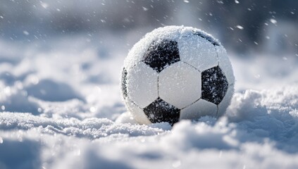 Close-up of a soccer ball covered in frost, resting in deep snow during a winter storm