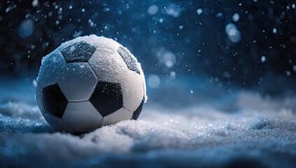 Fototapeta premium A soccer ball rests in a snowy landscape, with flakes falling in a soft, ethereal light