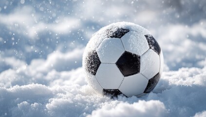 Fototapeta premium A black and white soccer ball covered in snow, sitting in a snow-covered field