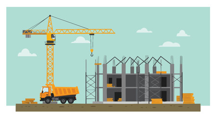 An illustrative scene portrays a vibrant construction site with a towering crane and a dump truck beside a multi-story building framework under development.