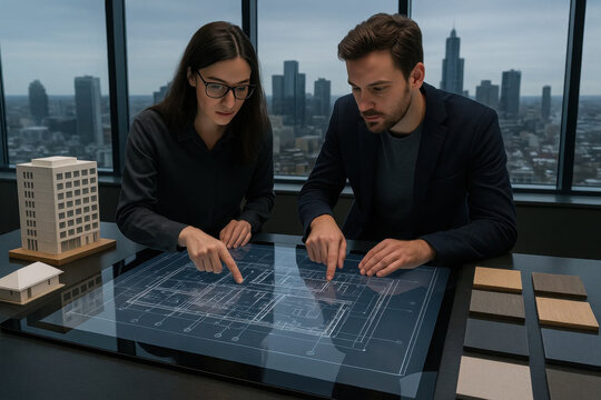 Architects Reviewing Digital Blueprints with Building Models and City View
