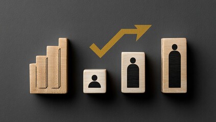 Wooden blocks arranged as graph elements with an upward arrow and human figures