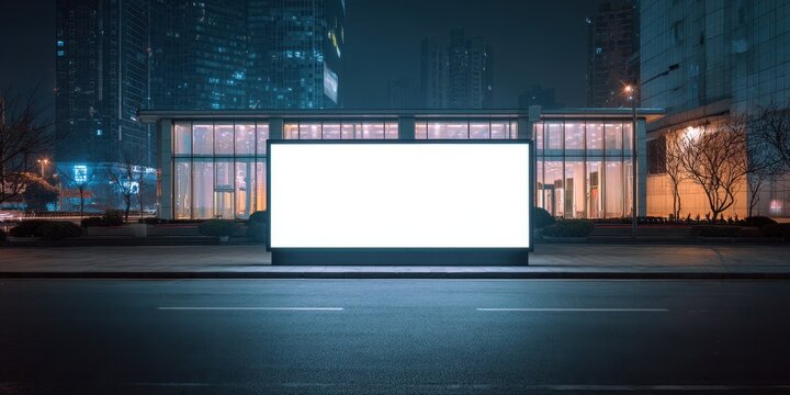 Blank digital billboard display on a modern city street at night with reflected lights in the wet ground