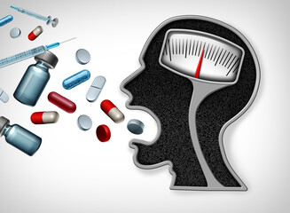 Weight Loss Medication symbol that helps regulate appetite blood sugar and digestion to lose fat and diet control reducing appetite as GLP-1 medications as a pharmaceutical prescription drug.