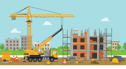 A vibrant vector illustration showcasing a bustling urban construction site with a towering yellow crane and a mobile lifting machine actively building a new multi-story structure.