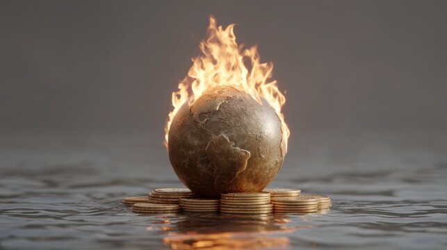 Earth globe engulfed in flames surrounded by coins on a reflective surface, symbolizing environmental crisis and economic challenges globally - Powered by Adobe