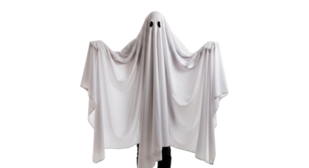 A person dressed as a ghost, standing against a white background.