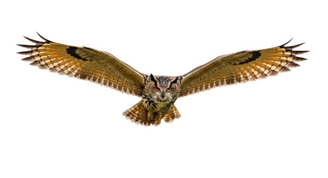 A majestic eagle owl in flight with its wings spread wide, showcasing its impressive wingspan and vibrant feathers against a white background.