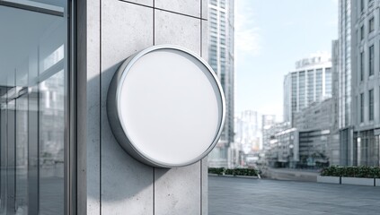 Round, empty sign affixed to a modern building's exterior corner, with urban city background