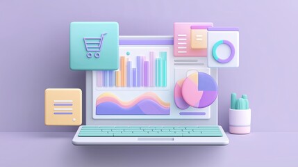 3D pastel laptop with floating e-commerce icons and colorful data charts — ideal for digital marketing, online sales analytics, and modern business dashboard visuals in soft purple tones.