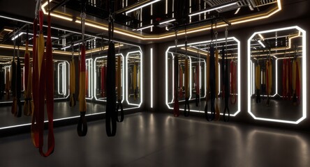 Obraz premium Modern Gym Interior with Neon Lights and Suspension Trainers.