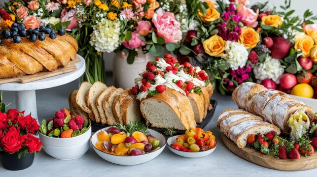 Elegant Food Display with Bread, Fruit, and Flowers, Gourmet Presentation, Celebration, Party, Catering, Still Life