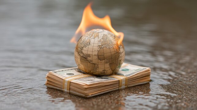 Burning Earth on Money Stacks Symbolizing Economic Crisis and Environmental Impact in Global Financial System