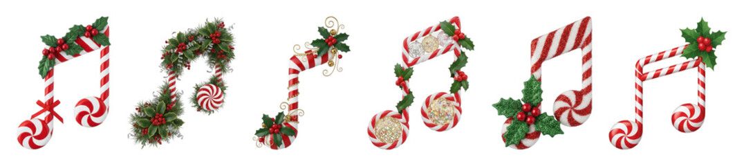 Christmas musical notes set including candy cane stripes, holly, berries, and glitter decorations isolated. Holiday season design and winter celebrations.
