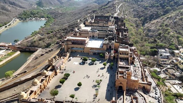Aerial view of Amer Fort entrance and surrounding Aravalli terrain &ndash; Jaipur, Rajasthan, India &ndash; Oct 14th, 2025