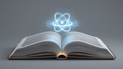Open book with glowing atomic model hovering above, representing knowledge and science, ideal for educational and technology themes, captivating and modern design