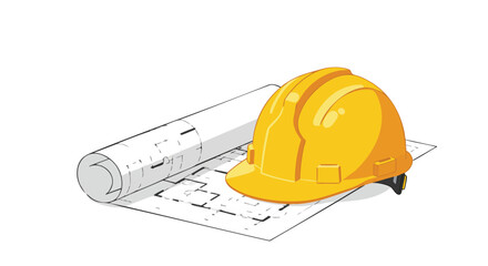 A yellow hard hat sits atop detailed architectural blueprints, symbolizing safety and meticulous planning in the construction and engineering industries.