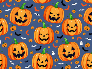 Vector halloween fashion pattern with
funny pumpkin, bat, star isolated 
on blue background. Cartoon autumn print. 
Fashionable design for fabric, notepad, 
clothing, paper, packaging. 
