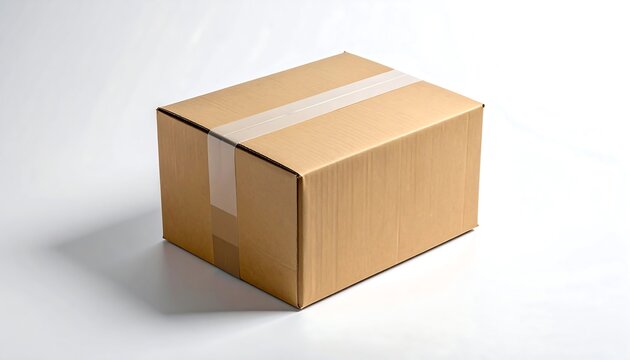 A cardboard box, sealed with tape, casting a shadow on a white surface, perfect for packaging and shipping