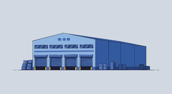 A modern blue industrial warehouse building with multiple loading docks and stacked boxes, representing global logistics and efficient supply chain operations.