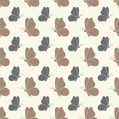 Seamless pattern of stylized butterflies in neutral brown and gray tones on a light background,