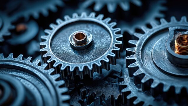 Macro close-up of metallic gears, meshing together for mechanical operation, focused on fine details