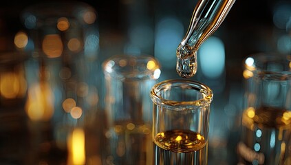A macro shot focuses on clear liquid being dispensed into glass vials in a science lab setting