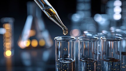 A pipette carefully drips a golden liquid into a test tube, science lab glassware in background