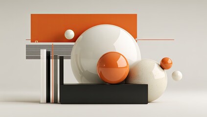 Geometric 3D art arrangement with spheres, rectangular shapes, and gradients