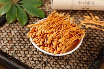 Golden Cordyceps Mushroom Traditional Chinese Medicine Herbs in Bowl