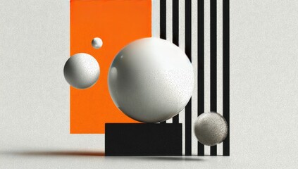 Geometric composition with textured spheres, bright orange, black, and white blocks and stripes