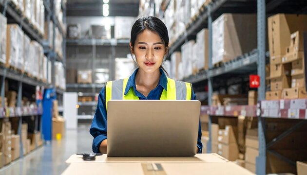 Warehouse Worker Using Laptop.