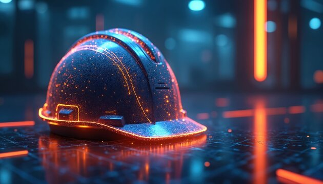 Digital construction hard hat glows with bright orange particles. Futuristic safety helmet sits on high tech circuit surface. Innovation for building site safety, smart industry, engineering, modern