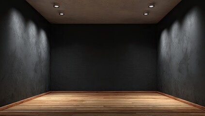 Interior view of an empty square room with dark textured walls and a wooden floor