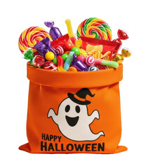 A Halloween-themed candy bag filled with colorful candies and a smiling ghost on an orange background.